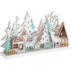Spetebo Winterlandschaft LED Holz Winterlandschaft mit Glitzer 30 cm, Deko Winterlandschaft mit weihnachtlicher Beleuchtung weiß