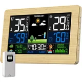VOKSUN Wetterstation Funk mit Außensensor, Farbdisplay, Thermometer Hygrometer mit Wettervorhersage, DCF Funkuhr, Batteriebetrieb und Netzbetrieb(Holzmaserungsfarbe)