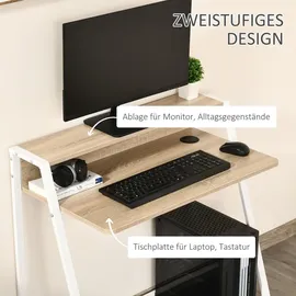 Homcom Schreibtisch mit Ablagefach Kabeldurchlass Metall Weiß Eiche 84 x 45 x 85 cm
