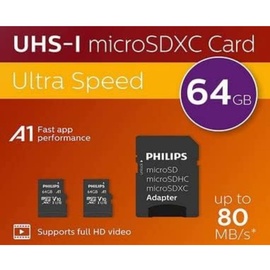 Philips microSDXC R80/W30 microSDXC 64GB Kit, UHS-I U1, A1, Class 10, 2er-Pack (FM64MP45D)
