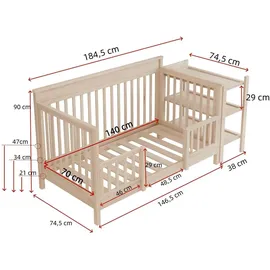 stilvora Babybett 3-in-1 mit 3-fach höhenverstellbar aus Massivkiefernholz, Beistellbett umschaltbar zum Sofa-Modus, Kinderbett mit Schutzzaun und...