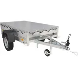 UNITRAILER Garden Trailer 200 Kipp - PKW Anhänger 200x106 cm 750 kg, mit Graue Anhänger Flachplane und Stützrad; Auto Anhänger 750 kg mit Kippbarer V-Deichsel, Geöffnete Heckklappe