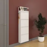 furni24 Schuhschrank Schmal – Platzsparender Metall-Schuhschrank mit Magnetklappen, Platz für 8-12 Paar Schuhe, Wandmontierbar und Vormontiert - 4 Klappen, Weiß-Pantoffelregal