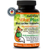 nutrifox® - 120 Blutzucker Kapseln Vital Plus (Ceylon-Zimt, Chrom, Zink, OPC, Bittermelone, Bockshornkleesamen, Kurkuma, Ingwer, Vitamin B-Komplex, usw.) 2 Monate, von Beratern für Diabetes