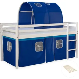 Homestyle4u Hochbett 90 x 200 cm Kiefer massiv lackiert weiß blau