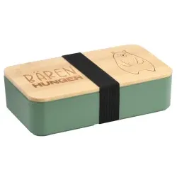 Kesper Brotdose "Bären Hunger", graviert, zertifiziertes Bambus, Praktische und nachhaltige Brotbox mit Gummiband für einen stabilen Transport, Farbe: grün, Maße (L x B x H): 18,5 x 10,5 x 5 cm