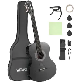 Vevor Konzertgitarre, 960 mm, Holz-Klassikgitarren-Starter-Set für Anfänger, mit Nylonsaiten, Gigbag, Gurt, Stimmgerät, zusätzlichen Saiten, Plektren, Kapodaster, Linde, für Einsteiger, Schwarz
