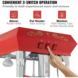 Vevor Popcornmaschine Popcornautomat Popcorngerät mit Wagen 850 W Popcornmaschine 8 oz Kessel für 48 Tassen pro Ladung, Popcornmaschine mit gehärtetem Glas, inkl. 4 Schaufeln, Kino-Stil, rot