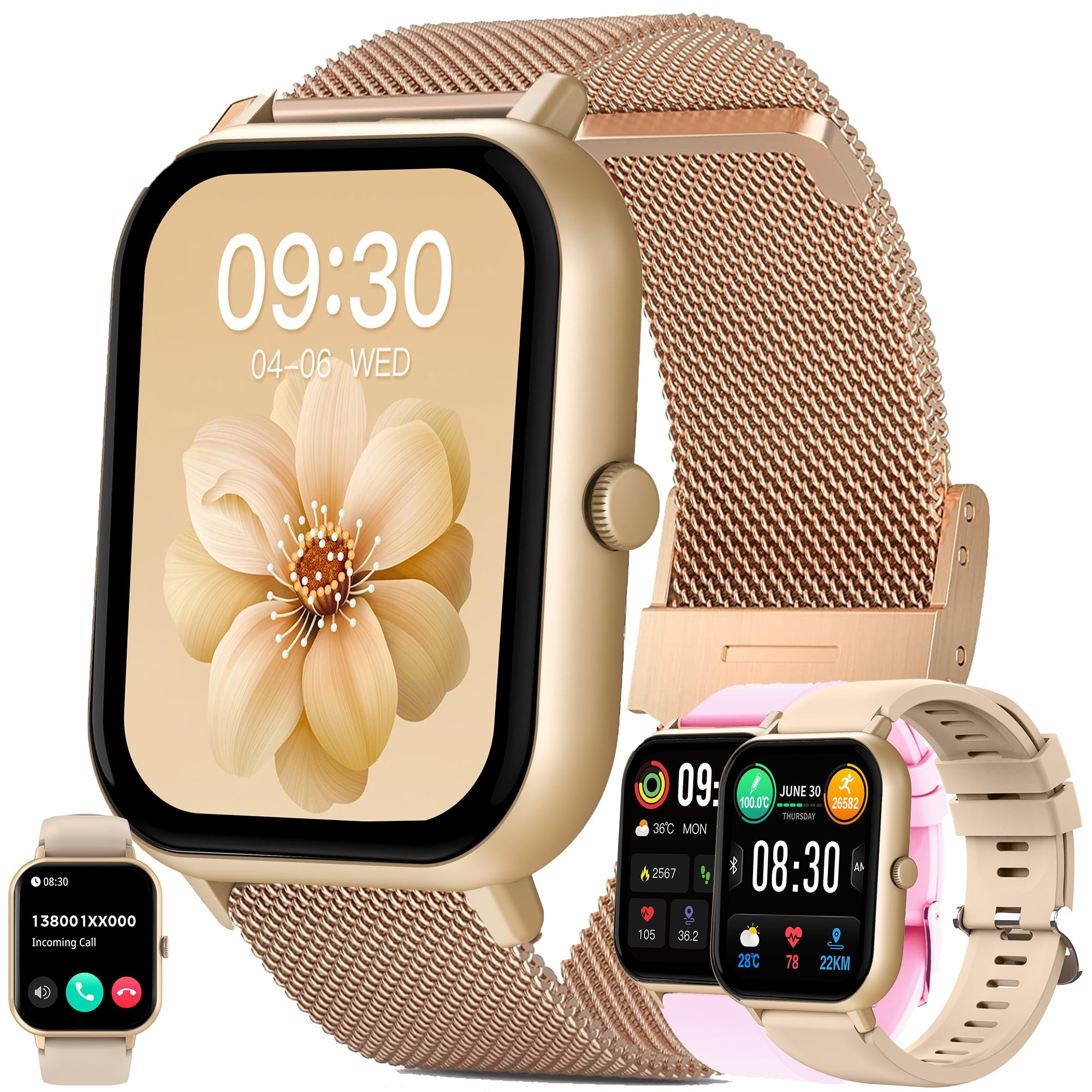 Smartwatch Damen mit Telefonfunktion, 1,83" Touchscreen IP68 Wasserdicht 123 Sportmodi Aktivitätstracker Sportuhr mit Schrittzähler, Herzfrequenz, Militärische Fitnessuhr für iOS Android (Gold)