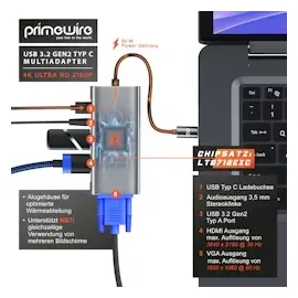 Primewire 5 in 1 USB 3.2 Gen1 Typ C Hub zu VGA Adapter, 4K HDMI + USB Typ A + Typ C PD Ladeport für Macbook Laptop etc.