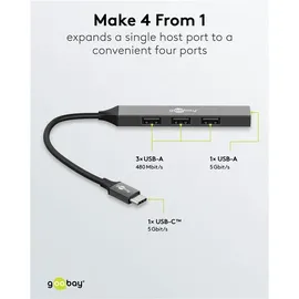 goobay Slim 4-Port USB-Hub, USB-CTM auf USB-A USB 3.2 Aluminium, 0,1 m Kabel