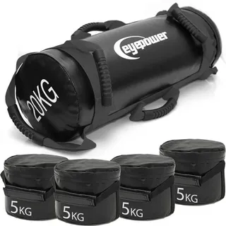 Eyepower 20kg Power Bag mit 4 Kettlebell Gewichten 20x60 Home Training Sandbag 6 Griffe