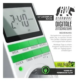 Bearware - Zeitschaltuhr digital - 2,1 LCD-Display 5,3 cm - 3680W - Digital-Zeitschaltuhr mit 10 konfigurierbaren Programmen - Back-Up Reserve-Akku
