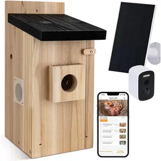 Gotagee Vogelhaus Nistkasten mit Kamera 5 Millionen Pixel Outdoor-Vogelhaus-Kamera DIY, Echtzeitbeobachtung des Nestbaus und der Brut von Vögeln, Solarpanel beige|braun