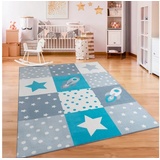 Paco Home Kinderteppich »Eliz 395«, rechteckig, 12 mm Höhe, Kurzflor, Spielteppich, Patchwork-Muster, Motiv Rakete, Sterne, Punkte blau