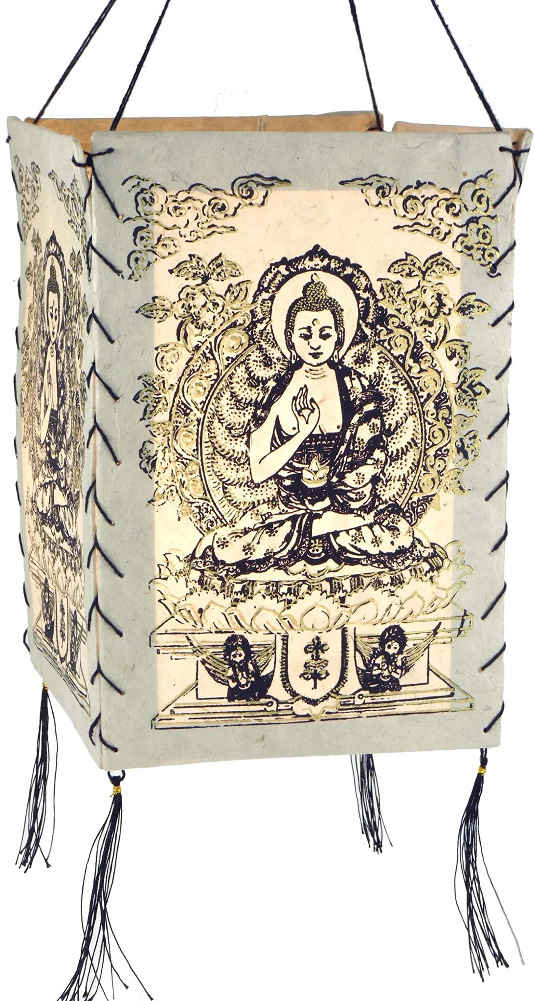 GURU SHOP Lokta Papier Hänge Lampenschirm, Deckenleuchte aus Handgeschöpftem Papier - Buddha 2 Weiß, Lokta-Papier, 28x18x18 cm, Asiatische Lampenschirme aus Papier & Stoff