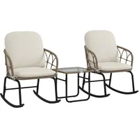 Outsunny 3-TLG. Rattan Schaukelstuhl-Set, Gartenmöbel-Set mit 2 Schaukelstühlen, 1 Couchtisch, Gartensitzgruppe mit Kissen, für Balkon, Terrasse, Creme