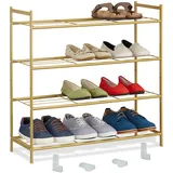 Relaxdays Schuhregal, Metall, mit 4 Ebenen, stapelbar, erweiterbar, HBT 70 x 70 x 26 cm, für bis zu 12 Paar Schuhe, gold