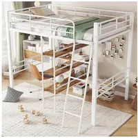 Fanttik Hochbett Jugendbett mit Computerkonsolenablage,90*200cm Hochbett, (Eisenrahmen Bett mit Schreibtisch,Regalen, Geländer und Treppe) Platzsparend, sicher und ideal für kleine Räume Jugendbett