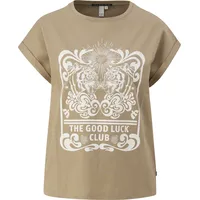 QS Baumwollshirt mit überschnittener Schulter Frontprint - olive - XXL