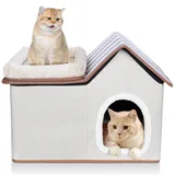 HEVOL Katzenhöhle, Katzenhaus, Faltbare Hundehöhle, Warm Hundehütte mit Abnehmbaren Plattform und Dach, Katzenhaus Outdoor, Wasserdicht Katzen Haus für Kätzchen Haustiere, Beige