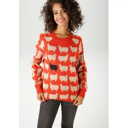 Strickpullover ANISTON CASUAL, Damen, Gr. 44, rot (rot, beige, schwarz), Strick, Obermaterial: 100% Polyacryl, Jacquardmuster, gemustert, casual, figurumspielend hüftlang, Rundhals, Langarm Raglanärmel Rippstrickbündchen, Pullover, mit eingestrickten Schafen - NEUE KOLLEKTION