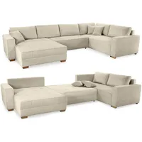 luma-home Wohnlandschaft U-Form 379/227/86 cm breit, Sofa Schlaffunktion Bettkasten, Wellenfedern, spiegelverkehrt montierbar, Cord Beige Grau / 15200