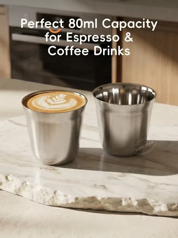 PURE COOK Doppelwandige Kaffeetassen 2er-Set | 304 Edelstahl Isolierbecher | 80 ml | Verbrühungsschutz für Heiße & Kalte Getränke
