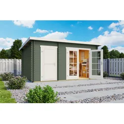 Gartenhaus NORDIC HOLZ "2-Raum Haus Belmont", grün (grüngrau), Fußboden im Gartenhaus, Massivholzdach, Holz, Gartenhäuser
