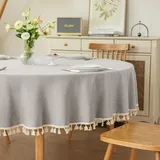 hometrixx Tischdecke Hellgrau mit Quasten Rundes Ø160cm - Baumwoll-Leinen Tischtuch Wasserabweisend mit Lotuseffekt