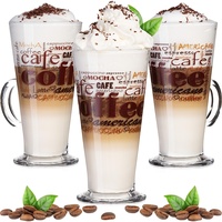 PLATINUX Kaffeegläser mit Motiv max. 280ml Set 3-Teilig aus Glas Latte Macchiato Gläser mit Griff Cappuccino Gläser