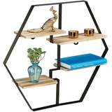 Relaxdays Hexagon Regal für die Wand, 4 Ablagen, Holz & Eisen, sechseckiges Wandregal HBT 52x60x12 cm,