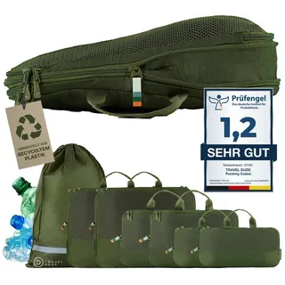 TRAVEL DUDE Kofferorganizer aus recycelten Plastikflaschen (ultraleichte Packwürfel, 7-tlg., Packing Cubes für Rucksack und Koffer, Packtaschen), mit Kompression und einem Nassfach grün