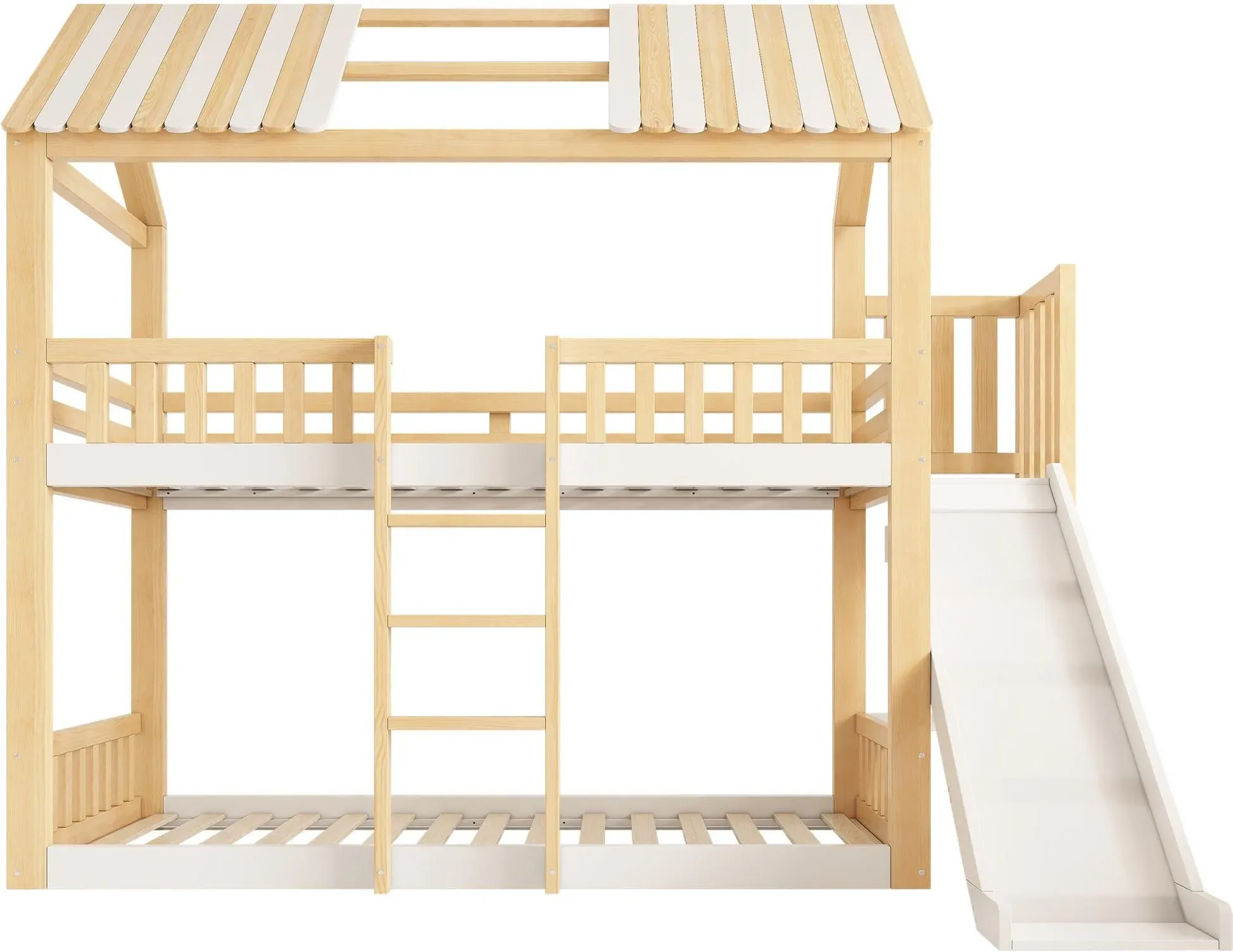 Etagenbett im Hüttenstil für Kinder mit Giebeldach, Geländer im Holzzaun‐Stil, Matratzen 90x200 cm, ohne Matratzen, 247x171x220 cm, Weiß