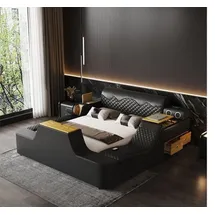 aea Doppel Luxus Leder Bett Massage Polster Betten Moderne Hotel bluetooth - Schwarz