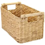 HMF Aufbewahrungskorb Badezimmer Korb geflochten aus Wasserhyazinthe mit Holzgriffen 37 x 22 x 20 cm beige