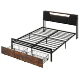 Rutaqian Metallbett 140/160*200cm Flachbett, Eisenrahmenbett (Bett mit farblich veränderbarem Ambientelicht), 24-Tasten-Fernbedienung, ausgestattet mit USB-Buchse schwarz + braun braun