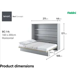 meblini Schrankbett Bed Concept - Wandbett mit Lattenrost - Klappbett mit Schrank - Wandklappbett - Murphy Bed - Bettschrank - BC-14-160x200cm Horizontal - Grau