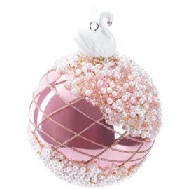 Brubaker Premium Weihnachtskugel Rosa mit Schwan Figur - Von Hand dekorierte Baumkugel aus Glas - 10 cm Christbaumschmuck mit Perlen Dekorationen und Glitzer - Weihnachtsdeko Christbaumkugel