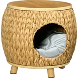 PawHut Katzenhöhle Rattan 2-in-1 Katzenkorb mit Kissen Haustierbett aus Wasserhyazinthengras und Paulownia Holz, hellbraun und grau, 44 x 43 x 42 cm Aosom.de