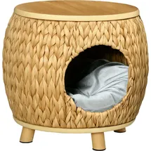 PawHut Katzenhöhle Rattan 2-in-1 Katzenkorb mit Kissen Haustierbett aus Wasserhyazinthengras und Paulownia Holz, hellbraun und grau, 44 x 43 x 42 cm Aosom.de