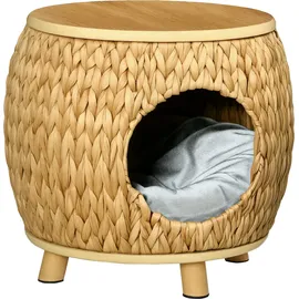 PawHut Katzenhöhle Rattan 2-in-1 Katzenkorb mit Kissen Haustierbett aus Wasserhyazinthengras und Paulownia Holz, hellbraun und grau, 44 x 43 x 42 cm Aosom.de