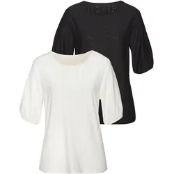 Kurzarmshirt VIVANCE "mit Lochstickerei", Damen, Gr. 36/38, beige (creme, schwarz), Stoff, Obermaterial: 97% Polyester (REPREVE), 3% Elasthan, unifarben, modisch, lässig geschnitten normal, Rundhals, Kurzarm mit Aufschlag Aufschlag, Shirts, aus pflegeleichter Qualität