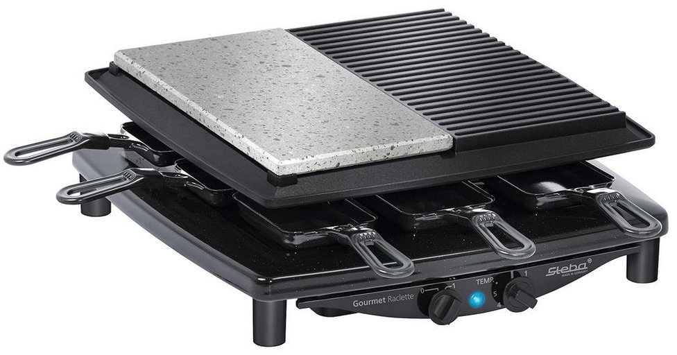 Produktbild Steba Raclette RC 4 Plus, 8 Raclettepfännchen, 1450,00 W, mit Antihaft Grillfläche und Natursteingrillplatte, für 8 Personen schwarz