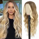 PORSMEER Perücke Damen Ombre Blond Highlight Wig Kunsthaar Natürlich Perücke Lange ohne Pony Wellig Gewellte Lockig braun blond Perücke Für Frauen 26 zoll