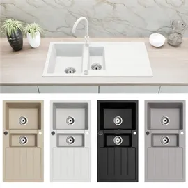 faizee home Granitspüle 2 Becken rechts Einbauspüle weiß Handbetätigung 1000 x 500 mm