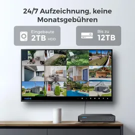 Reolink 12MP PoE Kamerasystem, 16-Kanal NVR mit 2TB HDD für 24/7 Aufzeichnung und 4X 12MP Überwachungskamera+8CH