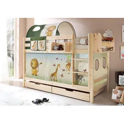 Etagenbett TICAA "Marcel", beige (grün, tierwelt), B:99cm H:140cm L:208cm, Etagenbetten, mit 2 Rollroste und in verschiedenen Ausführungen, Kiefer