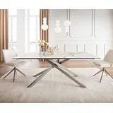 DeLife Esstisch Edge Keramik Calacatta Luxe Weiß-Gold-Grau Kreuzgestell Rechteck Edelstahl