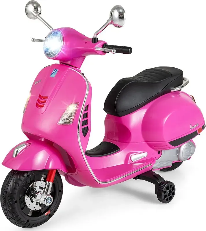 Lizenzierte 12V Elektro-Motorrad für Kinder von Vespa, Quad, mit Musik, Hupe, Geschichten und Stützrädern, geeignet für 3-6 Jahre, Pink